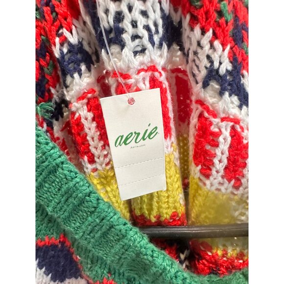Aerie Fair Isle Knit Long Sweater Womens Large Multicolor Crew Neck Preppy Fall - Picture 6 of 13